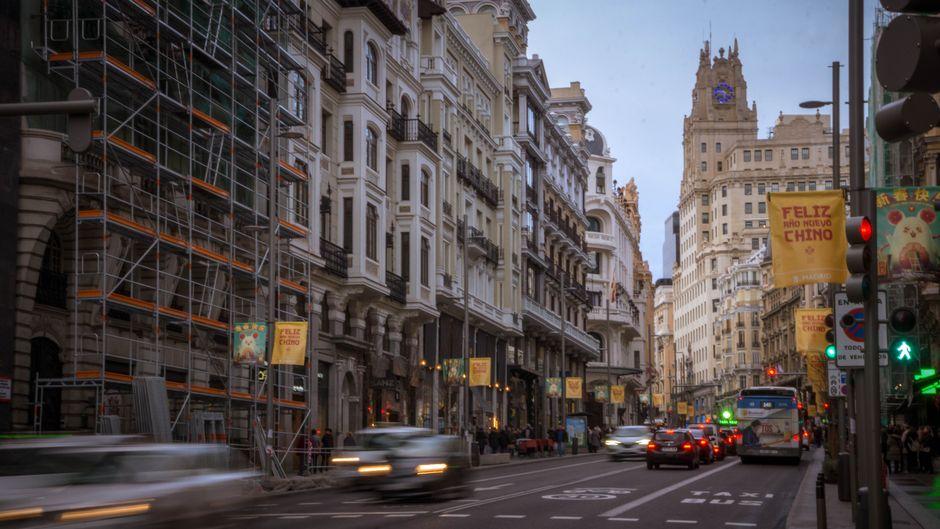 Busy Street in Madrid with View of the Telefonica Building in Distance Madird Spain